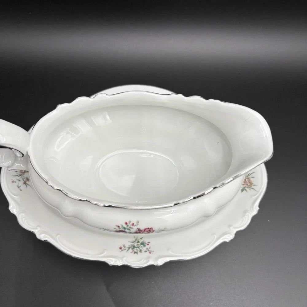 Crown Bavaria Germany Gravy Boat  Bowl Attached Platter Ladle Bouquet Floral Vtg